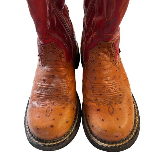 Justin Women’s Ostrich Print Western Cowboy Boots - Red/Cognac (Size 7B) - Picture 2 of 8